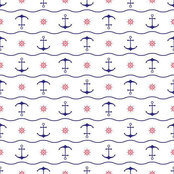 Seamless nautical background with anchors, ship wheels and waves - Vector, afbeelding
