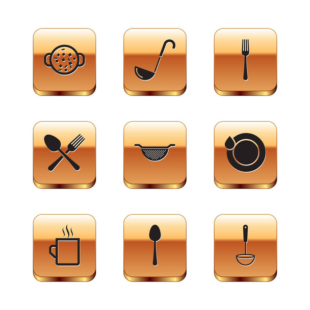 Set Kooksoep in pot, koffiebeker, lepel, keukenvergiet, gekruiste vork lepel, vork, lepel en icoon. Vector - Vector, afbeelding