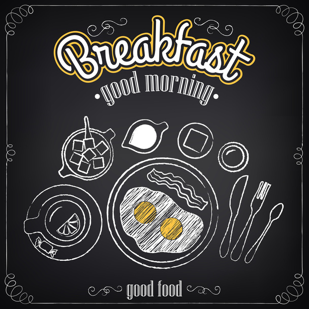 Vintage Poster. Breakfast. Fried eggs, tea. Freehand drawing. Set of sketches  - Vector, Image