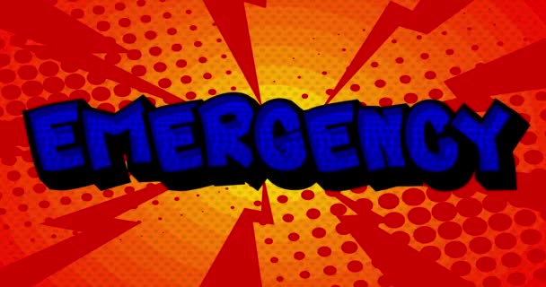 Emergency. Motion poster. 4k animated red Comic book word text changing red and blue color on abstract comics background. Retro pop art style. - Footage, Video