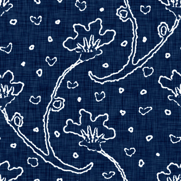 Happopesu sininen farkkujen vaikutus rakenne koriste pellava kukka motiivi tausta. Saumaton denim tekstiili muoti kangas koko tulostaa. - Valokuva, kuva