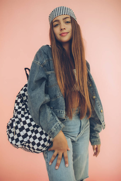 Fashionable high school student. Teenager girl schoolgirl. - Foto, afbeelding