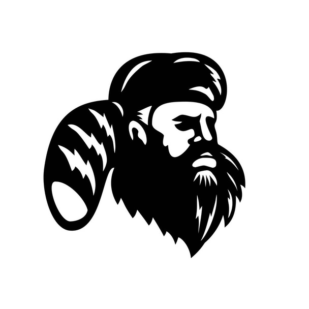 Mascota ilustración de la cabeza de un hombre de montaña americano, Frontiersman, explorador o trampero mirando a un lado usando sombrero de fieltro peludo sobre fondo blanco aislado en estilo retro. - Vector, imagen