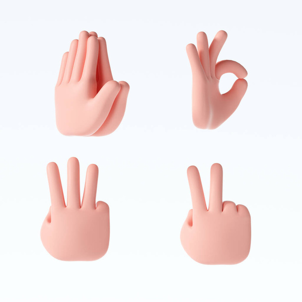 3D Dessin animé gestes de la main icônes réglées sur fond blanc isolé. Illustration de rendu 3D - Photo, image