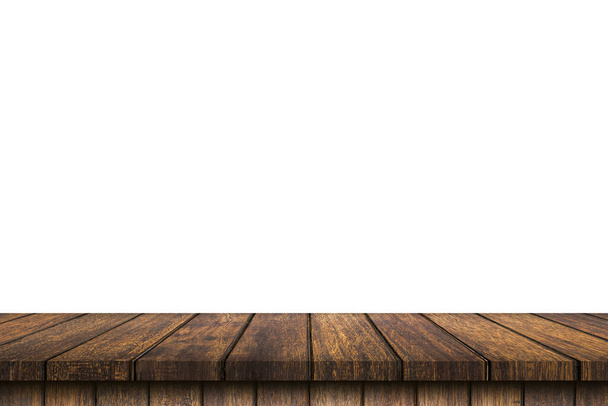 Mesa de madeira vazia no fundo branco isolado e montagem de exibição com espaço de cópia para o produto. - Foto, Imagem