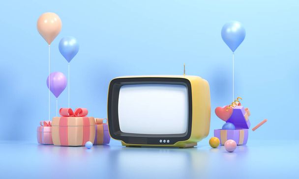 3D portakal renkli retro televizyon ve mavi arka planda hediye, eski bir televizyon alıcısı, sosyal medya filtresi fotoğrafı. 3d resimleme - Fotoğraf, Görsel