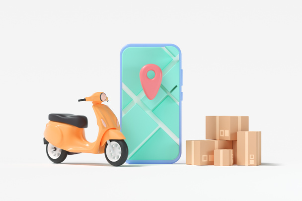 3D Koncepcja usługi szybkiej dostawy. hulajnoga z mapą GPS smartfona, lokalizacją na zamówienie i śledzeniem zamówień online. Ilustracja 3D renderowania - Zdjęcie, obraz
