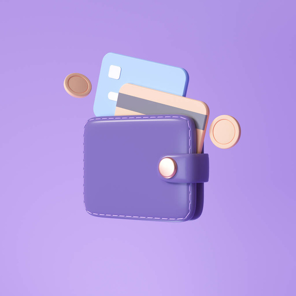 Portemonnee en creditcard, drijvende munten rond op paarse achtergrond. geldbesparende, cashloze maatschappij concept. 3d illustratie weergeven - Foto, afbeelding