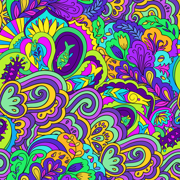 Bright colorful seamless pattern with floral and plants element in psychedelic vibrant funky style for textile and design. - Διάνυσμα, εικόνα