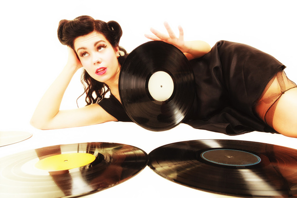Girl with phonography analogue records - Фото, зображення