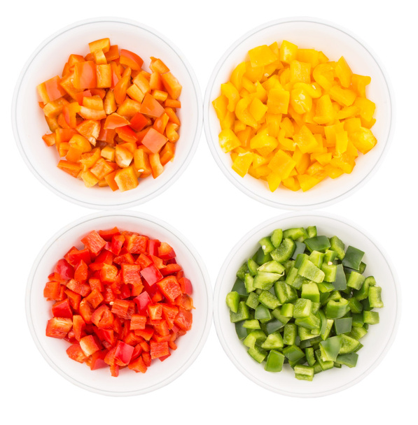 Colorful Chopped Capsicums In White Bowls - Fotoğraf, Görsel