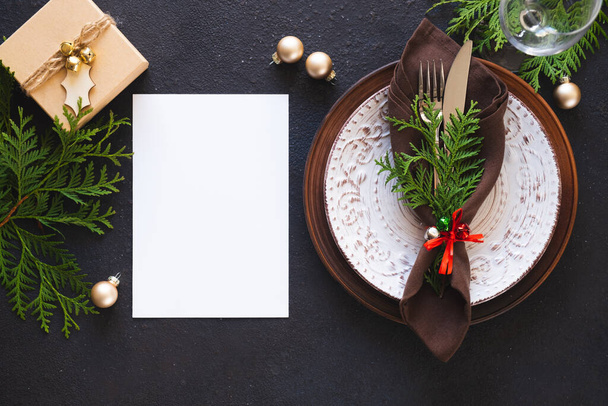 Christmas table setting. Background for writing Christmas or New Year Menu. - Photo, Image