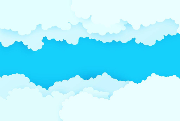 Μπλε ουρανός και λευκά σύννεφα σύνορα σε χαρτί κομμένα στυλ. 3D Papercut φόντο με κορυφαία άποψη συννεφιασμένο ουρανό. Απλό πολύχρωμο πανό καιρού. Εικονογράφηση διανυσματικής κάρτας των χρωμάτων παστέλ cloudscape - Διάνυσμα, εικόνα