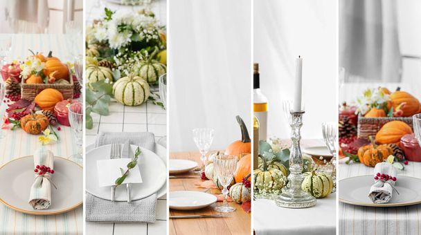 Συλλογή από όμορφες ρυθμίσεις τραπέζι για τον εορτασμό Ημέρα των Ευχαριστιών - Φωτογραφία, εικόνα