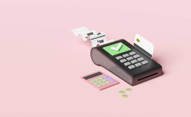 Zahlungsmaschine oder Pos-Terminal, elektronische Rechnungszahlung und Kreditkarte mit Rechnung oder Scheckbeleg aus Papier, Taschenrechner, Münze isoliert auf rosa Hintergrund, 3D-Abbildung oder 3D-Render - Foto, Bild