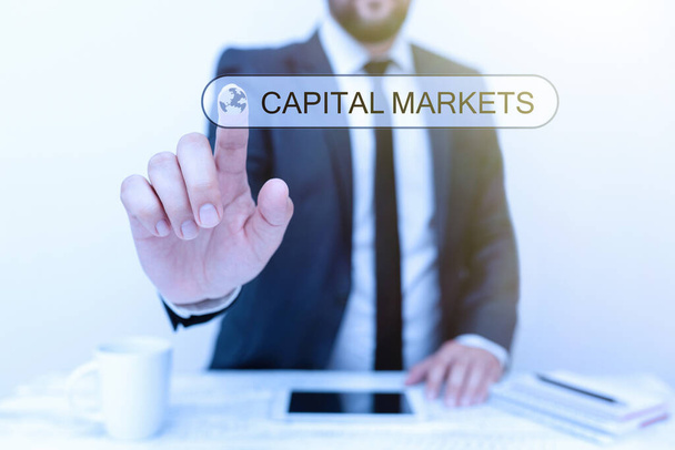 Handschriftlicher Text Kapitalmärkte. Geschäftskonzept Erlauben es Unternehmen, Geld zu beschaffen, indem sie Marktsicherheit bieten. - Foto, Bild