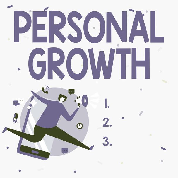 Hand writing sign Personal Growth. Word for improve develop your skills qualities Learn new materials Man Drawing Holding Megaphone Running With Phone Making Comments. - Photo, Image