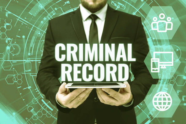 Sign displaying Criminal Record. Business showcase profile of a person criminal history with details Man In Office Uniform Holding Tablet Displaying New Modern Technology. - Photo, Image