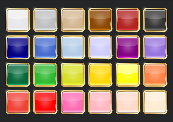 Multicolored glossy square button with gold frame vector illustration - Vector, Image