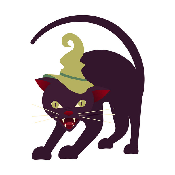Um gato preto raivoso caminha e estende a pata com as garras para frente. Design de caracteres isolado no fundo branco. illust vetorial, emblema, sinal, logotipo, etiqueta, impressão. - Vetor, Imagem