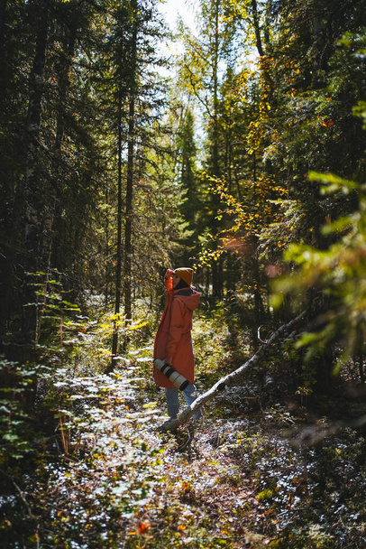 Pembe yağmurluklu, elinde büyük bir telefoto lensi olan bir kız ormanda duruyor. - Fotoğraf, Görsel