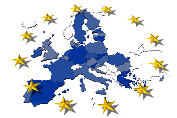 3D-kuva. Euroopassa. Euroopan unionin lippu. Keltaisten tähtien ympyrä Euroopan kartalla tausta - Valokuva, kuva