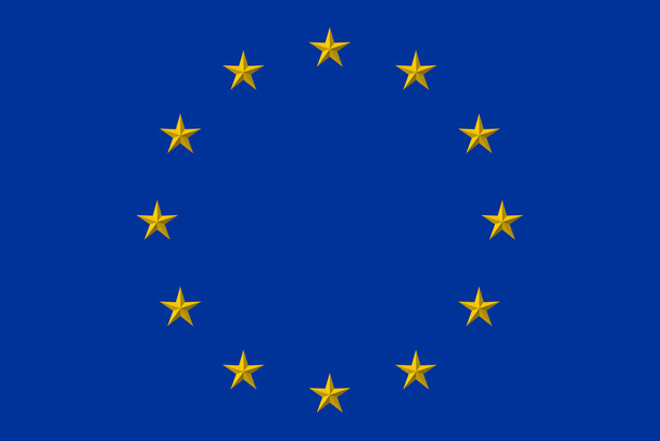 3D-kuva. Euroopassa. Euroopan unionin lippu. Keltaisten tähtien ympyrä sinisellä pohjalla - Valokuva, kuva