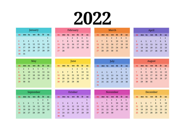 Calendario 2022 isolato su sfondo bianco. Da domenica a lunedì, modello di business. Illustrazione vettoriale - Vettoriali, immagini
