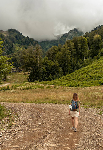 森と雲の空に覆われた山の背景に歩道に沿って上り坂を歩くバックパックと若いブロンドの女性の背面ビュー、アクティブな健康的なライフスタイルのハイキングエコツーリズム - 写真・画像