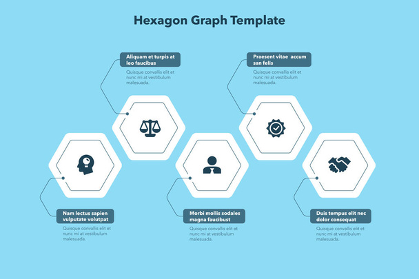 Plantilla de proceso empresarial moderna con cinco pasos hexágono - versión azul. Fácil de usar para su sitio web o presentación. - Vector, imagen