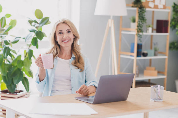 Photo portrait woman smiling drinking hot tea working on laptop remotely staying at home - Photo, image