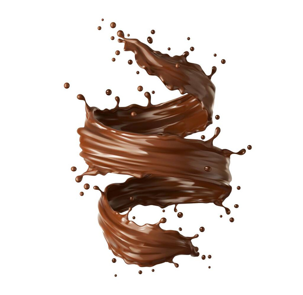 Wicher z mlekiem czekoladowym, wicher lub tornado realistyczny plusk. Kawa i kakao wektor brązowy wir, strumień, plusk cieczy z kropelkami. Izolacja realistyczny 3d splash wir na opakowaniu napoju promo - Wektor, obraz