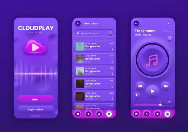 Neomorfik müzik çalar arayüzü, UI uygulama ekranı, vektör mobil telefon çalma listesi uygulaması. Neomorfik müzik çalar ses ortamı şakakları şarkı listesi menüsü ve albüm kapağı, neomorfizm UX - Vektör, Görsel