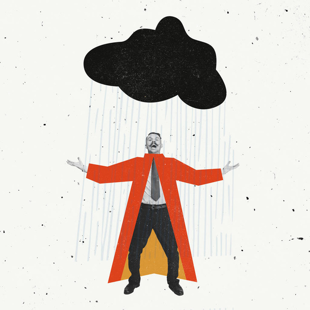 Contemporary art collage of man in a suit cherfull standing under drawn rain. Autumn concept - Foto, Bild