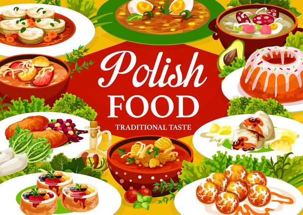 Polish cuisine food poster or restaurant menu cover with Poland dishes, vector. Polish cuisine traditional meals, pork schnitzel, white borscht and zurek soup, mutton in sour cream and Christmas carp - Vector, Image