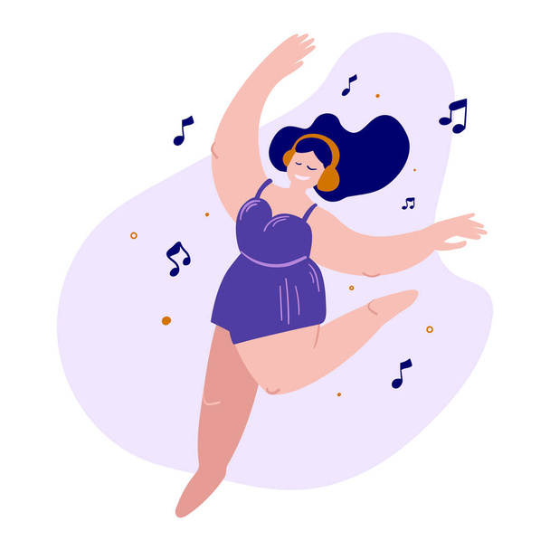 Chica joven con una sonrisa en un salto, escucha música, baila con auriculares feliz - Vector, Imagen