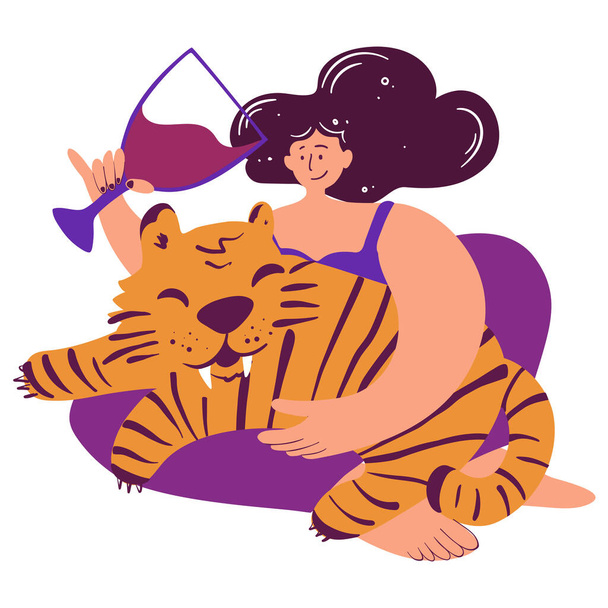 Femme avec un verre de vin avec un gros chat sauvage sur ses genoux. Célébrez la nouvelle année 2022, l'année du tigre du calendrier chinois. Femme forte, fille puissance - Vecteur, image