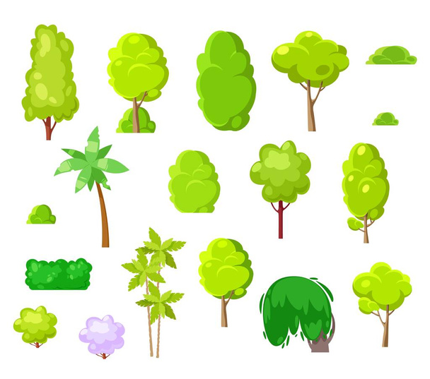 Diseño de paisaje de dibujos animados árboles, plantas, arbustos y palmeras. Parque vectorial y árboles tropicales aislados sobre fondo blanco. Plantas naturales con hojas verdes y troncos marrones, elementos de diseño paisajístico - Vector, Imagen