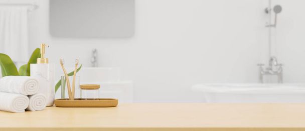 背景のモダンな白いバスルームのインテリアの上にモックアップスペースとバスアクセサリーと木製のボードやテーブルトップ。3Dレンダリング、 3Dイラスト - 写真・画像