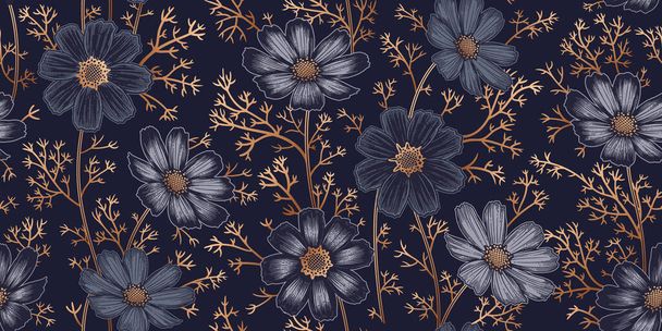 Dark seamless floral pattern. Flowering plants. Vintage vector. Cute flowers chamomile or cosmos. Gold on black background. Victorian style. Luxurious summer textiles, paper, wallpaper decoration. - Vektör, Görsel