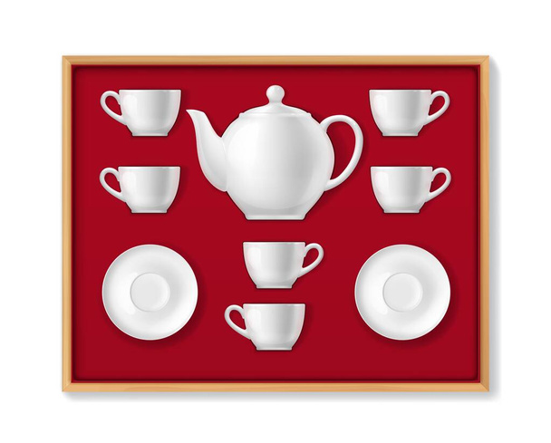 Реалистичный керамический чайный сервиз, чайные чашки, чайник, кружки и фарфор. Вектор 3d белого цвета посуда чайник, чашки и блюдца для питья горячих напитков, лежащих в деревянной коробке с красным бархатом оболочки вид сверху - Вектор,изображение