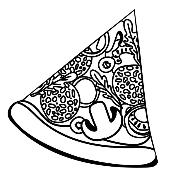 Pizza slice black and white drawing by hand in the style of doodle. For use on textiles, packaging paper, souvenirs, printing, posters, postcards. Vector illustration. - Vektör, Görsel