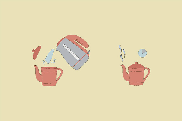 Vector set of images of Tea time. A collection with steps for brewing a hot drink. Brewing tea in a teapot. Hot water. Infusion of green leaves. Have a nice tea party. - Vektor, Bild