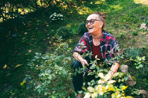 Happy beautiful elderly woman 60 years old prunes plants in her garden using pruning shears. Garden care and an active lifestyle - Foto, Imagem