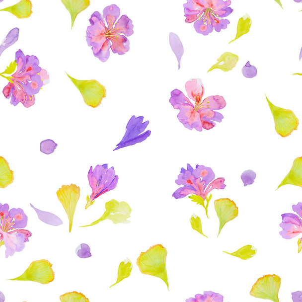 Delicate romantic seamless watercolor floral pattern with hand drawn field wild flowers on white background. - Fotó, kép