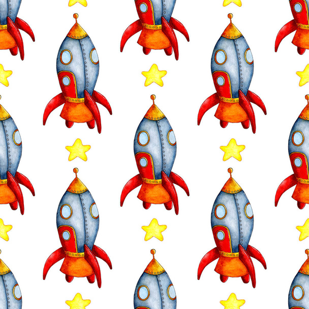 Watercolor painting pattern space and astronautics illustration. Hand drawn background for children. Cartoon rocket and star. Funny pattern for posters, banners, prints, clothes. Isolated on white  - Vector, Image