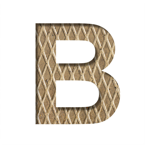 Font on a embossed metal sheet. The letter B is cut out of white paper on the background of a weathered sheet of metal with a relief. Decorative steel alphabet. - Foto, Imagen