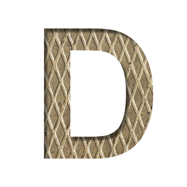 Font on a embossed metal sheet. The letter D is cut out of white paper on the background of a weathered sheet of metal with a relief. Decorative steel alphabet. - Photo, Image
