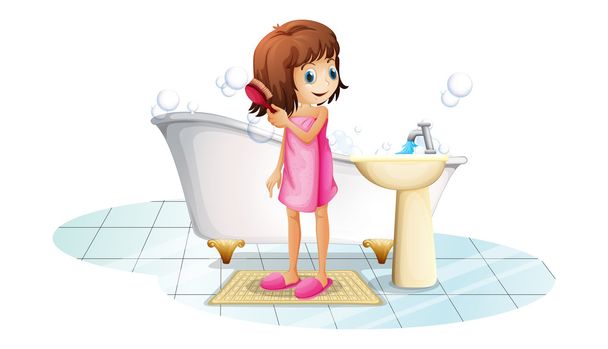 A young girl combing her hair after taking a bath - Vector, Image