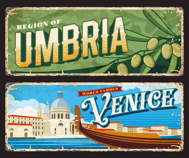 Venedik ve Umbria İtalyan vilayetleri vintage plakalar, çıkartmalar, vektör teneke tabelalar. İtalya 'nın giriş şarkıları veya seyahat simgeleri ve turizm turizmi içeren araç plakaları - Vektör, Görsel